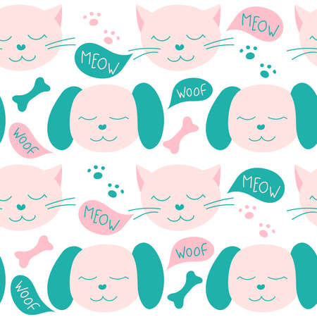 Seamless pattern of cats and dogs drawn by hand. Doodle style. Paw marks, bone and phrases. Vector illustrationのイラスト素材