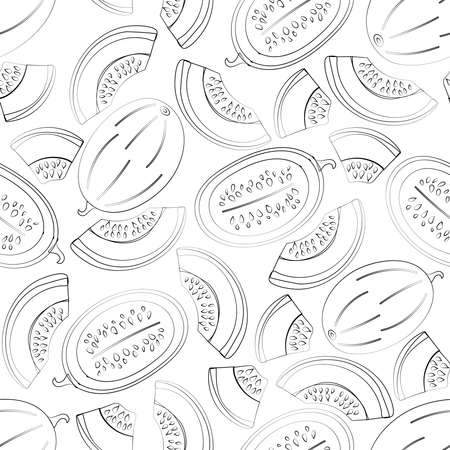 Seamless contour pattern of melon, melon halves and melon pieces on a white background. Fruity summer pattern. Vector illustrationのイラスト素材