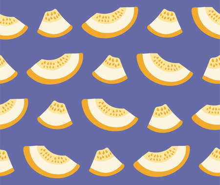 Seamless bright pattern of yellow melon pieces on a purple background. Fruit pattern. Vector...