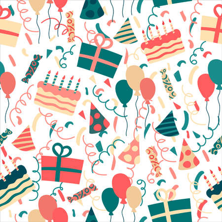 Seamless bright pattern of birthday attributes - gifts, hats, cake, crackers. Doodle style. Vector illustrationのイラスト素材