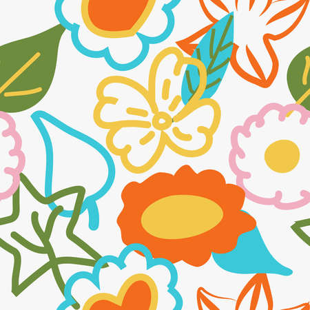 Seamless color bright pattern of leaves and flowers. Contour and filled elements. Childrens drawing,...