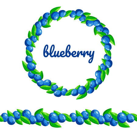 Insulated seamless brush and wreath of blueberries with green foliage. Text of blueberries. Vector illustrationのイラスト素材