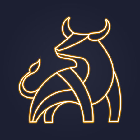 Illustration of a linear neon yellow bull on a dark background. Vector illustrationのイラスト素材