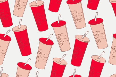 Seamless pattern of drinks in tall glasses - coffee and tea. Red colors. Miscellaneous text. Vector illustrationのイラスト素材