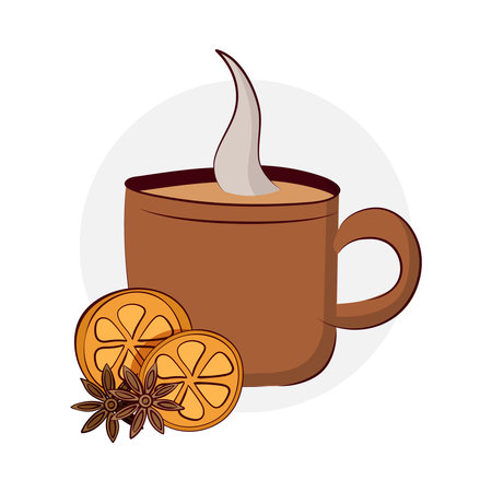 A cup of hot drink with cinnamon stars, anise and orange slices. A mug of tea or coffee. Vector isolated illustrationのイラスト素材