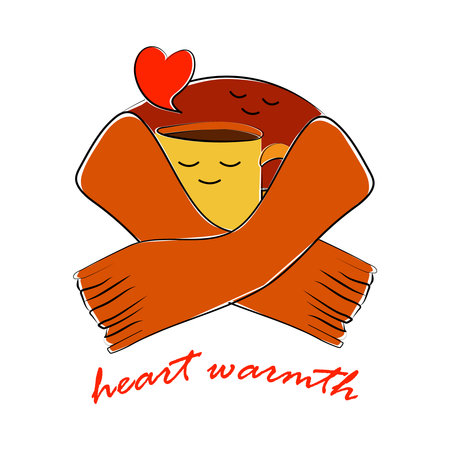 A wool scarf hugs a cup of hot drink. Love, tenderness, warmth. Text Hearts warmth. Loving couple, pleasant relationship. Psychology, attachment. Vector illustrationのイラスト素材