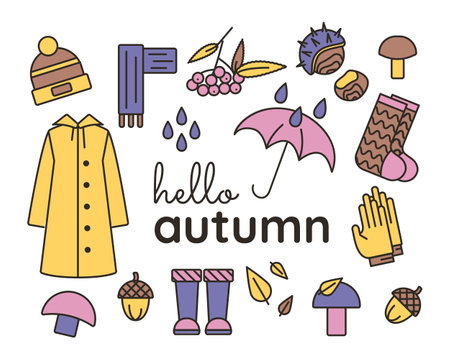 Collection of autumn items - waterproof clothes and an umbrella. Walk through the woods. Collect nuts and mushrooms. Vector illustrationのイラスト素材