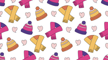 Seamless pattern of outerwear - hat and scarf. The shape of the heart, love. Woollen clothing for winter and autumn. Vector illustrationのイラスト素材