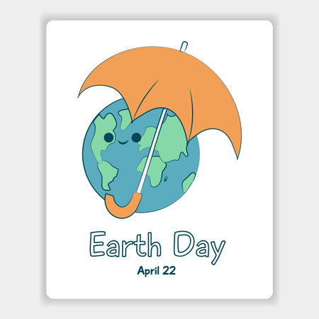Postcard for Earth Day, April 22. Illustration of planet Earth under an orange umbrella. Isolated drawing. Childrens drawing. Vector illustrationのイラスト素材