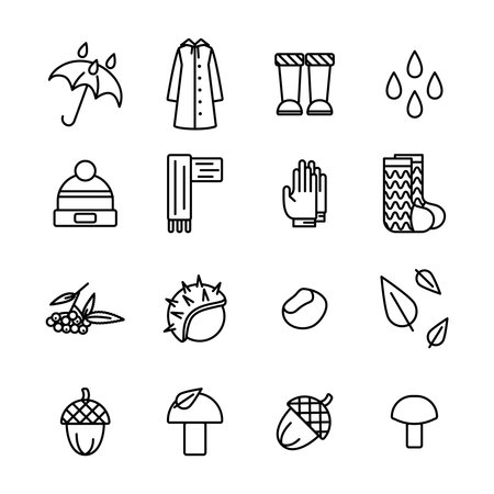Contour icon collection of autumn items - waterproof clothes and an umbrella. Walk through the woods. Collect nuts and mushrooms. Vector illustrationのイラスト素材