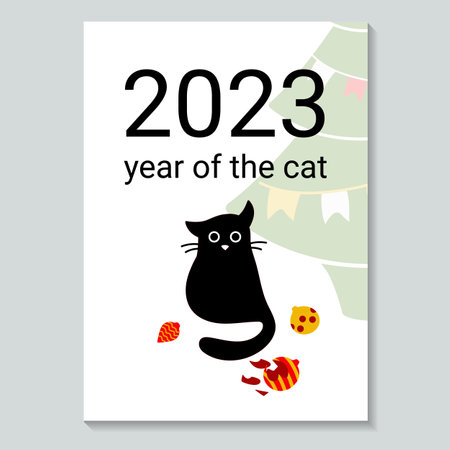 Illustration of a black cat with a broken Christmas tree toy near the Christmas tree. Postcard with text 2023 Year of the Cat. Vector illustration.のイラスト素材