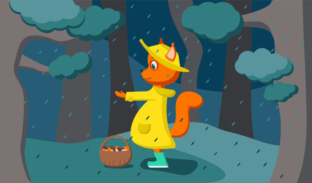 Squirrel in a yellow coat in the forest in the rain. The squirrel held out its paw to the raindrops. Picking mushrooms in a basket. The character stands out brightly against a monochrome background.のイラスト素材