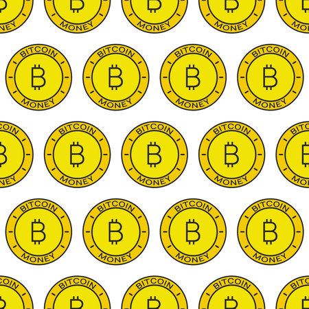 Bitcoin coin pattern. Money Seamless pattern on a white background. Cryptocurrency, blockchain, mining, Payment System. Finance, Economics, Virtual Currency. Vector illustration, flat style.のイラスト素材