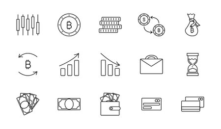 Cryptocurrency Set of Contour Icons. Bitcoin and blockchain. Exchange for Dollar bills and Coins. Statistics and currency quotes. Briefcase, wallet and bank cards. Finance and Economics. Vectorのイラスト素材