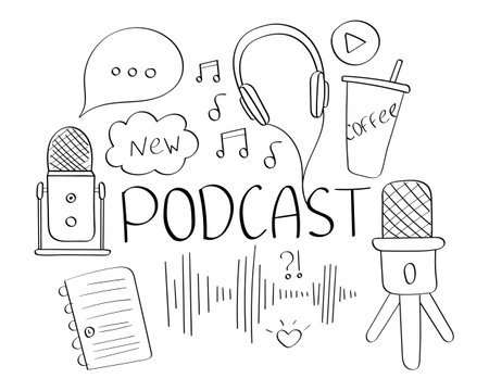 Podcast Set. Listen and record broadcasts. Conversations, discussion of topics and news. Microphones and wired headphones. Podcast Items. Notes, voice. Glass of coffee. Outline drawn illustrationのイラスト素材