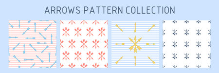 Collection of Patterns with Arrows. Arrows fly in a chaotic manner on a striped background. Symbol Three arrows on a white background. Marine theme. Vector illustration.のイラスト素材