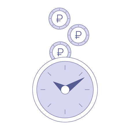 Watches and Rubles. Quote Time is money. Russian currency. Clock face with hour hands. Single color image. isolated items. Vector illustration.のイラスト素材