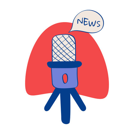 Microphone for News Podcast. Microphone with desktop stand - tripod. Talking Bubble with text News. Colored image with outline. Vector illustration.のイラスト素材