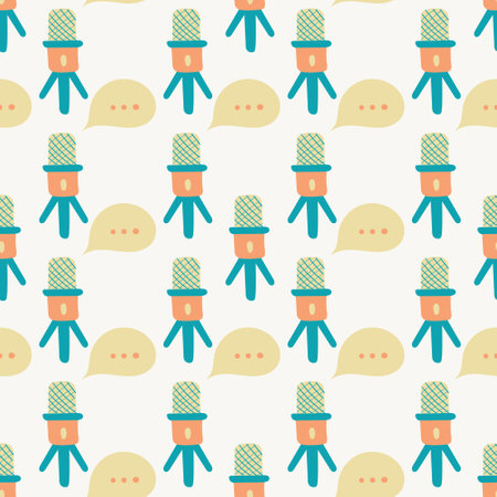 Pattern of Microphones and Speech bubble. Seamless pattern for Podcast, Broadcast, Streaming. Microphone on the stand. Discussion and conversations. Vector illustrationのイラスト素材