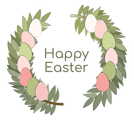 Easter Wreath Illustration of Leaves and Eggs. Congratulations Happy Easter. Colored eggs and branches on a white background. Pastel colors. Vector illustrationのイラスト素材