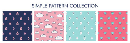 Set of Simple Patterns of Symbols - Drop, Cloud, Diamond and Pin. Symmetrical minimalistic seamless patterns with Icons. Wrapping paper. Pink, blue and dark color. Vector illustration.のイラスト素材
