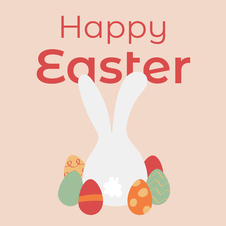 White rabbit around Easter eggs Illustration. Congratulations Happy Easter. The hare sits on its back. Colored and patterned eggs. Vector illustrationのイラスト素材