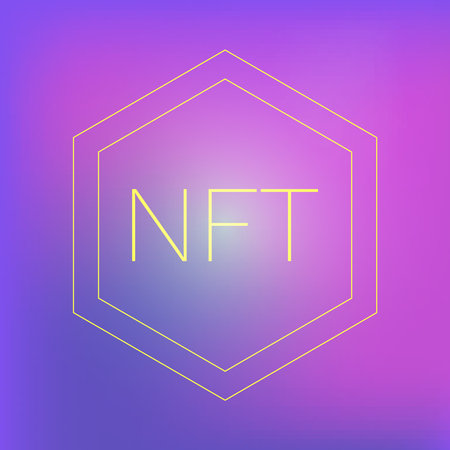 NFT text in Polygon. NFT illustration, cryptographic token. gradient background. Collection of virtual images, artistic creation. Cryptocurrency, blockchain. Copyright fixation. vector illustration.のイラスト素材