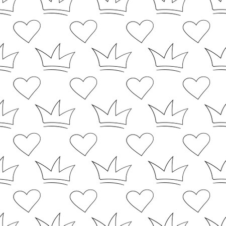 Drawn Hearts and Crowns. Seamless contour pattern. Little prince or princess. Love and power. Self love, vanity. Children drawing. Wrapping. Vector illustration.のイラスト素材