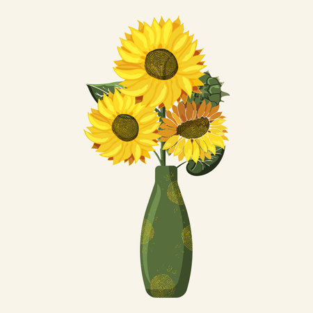 Sunflowers in a vase. A homemade bouquet is in a green jug. Summer field flowers. Postcard or poster on the theme of botany. Drawn with paint. isolated object. Vector illustrationのイラスト素材