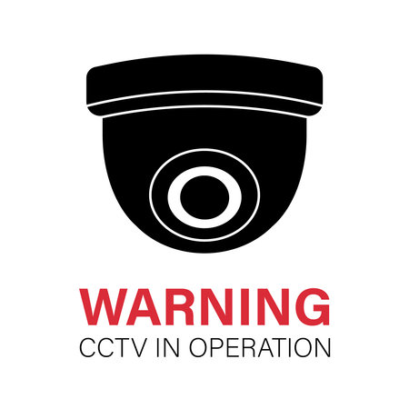 Black-filled security camera with text Warning - CCTV is operation. Plate. Spherical camera lens. Safety system. Isolated. Vector illustration.のイラスト素材