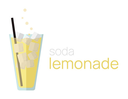 Glass of lemonade with ice and straws. Text Soda Lemonade. Transparent glass with chilled soda and bubbles. Tasty, childish and sweet drink. Cafe menu. Isolated. Vector illustrationのイラスト素材