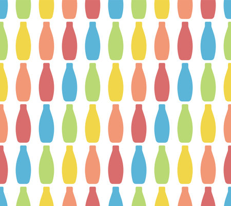 Seamless pattern of rainbow vases. Colored glass jars. Crystal Ware. Bright pattern on a white background. Vector illustrationのイラスト素材