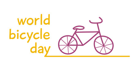 World Bicycle Day. An outline image of a purple bicycle that rides along the road. A bike ride. Ecological transport. Holiday card with yellow text on a white background. Vector illustration.のイラスト素材
