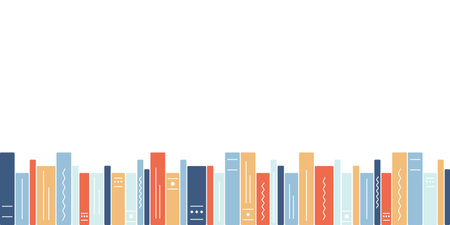 The books are in a row. Library, bookshelf. Textbooks, literature. Book spines. Education, reading. The bottom border of the image. Template for inserting text. Vector illustration.のイラスト素材