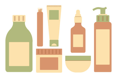 Set of cosmetic products for hair and skin. Shampoo, conditioner and mask. Cream, filler and oil. Body Gel. Hygiene and cleanliness. Spa and beauty salons. Isolated objects. Vector illustration.のイラスト素材
