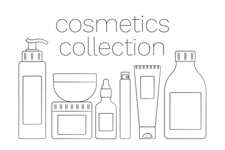 Set of hair cosmetics stand in a row. Hygiene and clean. Shampoo, conditioner and mask. Cream, filler and oil. Spas and beauty salons. Drawn in pencil, sketch. isolated items. Vector illustration.のイラスト素材
