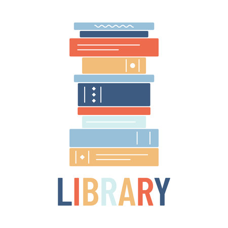 Stack of books over the word Library. Logo for the library. Lots of textbooks and literature. Learning and reading. Childrens literature. Book spines. Isolated. Vector illustration.のイラスト素材