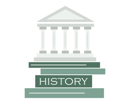 Ancient temple on books. Stack of textbooks on the history of ancient Greek architecture. Building design study. Monument, memorial. Story about Greece. Vector illustration.のイラスト素材