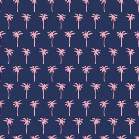Pattern of pink palm trees on a dark background. Tropical tree seamless pattern. Beach, jungle, oasis. Vacation, tourism. Botany, plant. Vector illustration.のイラスト素材