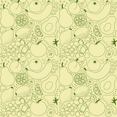 Pattern of contour Fruits and Berries. Food. Citruses - orange, mandarin. Exotic - banana, kiwi....