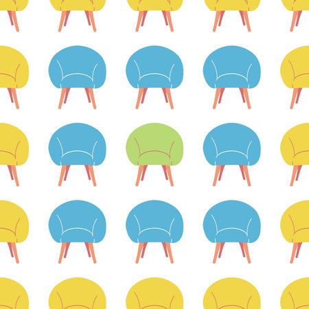 Seamless pattern of cozy armchairs. Multicolored upholstery. Comfortable chair. Home upholstered furniture. Flat style. Color image. Vector illustration.のイラスト素材