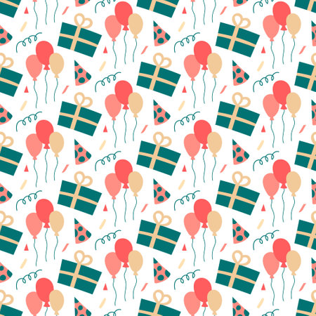 Festive pattern. Confetti and balloons. Gift and holiday cap. Birthday or party. Happy event....
