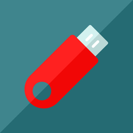 Red usb flash drive with round hole. Memory storage icon on dark background. Information keeper....