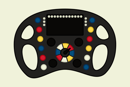 Formula car steering wheel. Driving and controlling a racing car. Colored buttons on a professional steering wheel. Part of the transport. Doodle style. Stroke. isolated object. Vector illustration.のイラスト素材