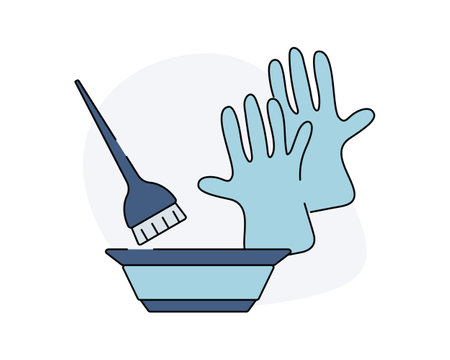 Set for hair coloring. Brush, gloves and bowl. Equipment for painting Hairdressing salon. Cosmetic product for hair. Color image with outline. Vector illustration.のイラスト素材