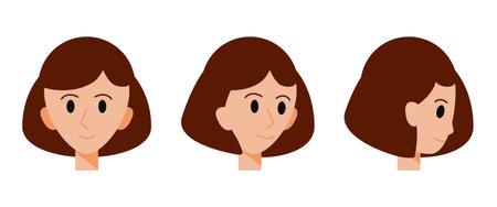 Head of a brown-haired girl. Front and side view. Avatar of a smiling young woman with a short haircut. The face of a cute character. Portrait of a human. Flat style. Vector illustration.のイラスト素材