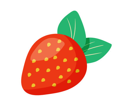 Strawberry illustration. Red berry with seeds and leaves. Harvesting from the garden. Single whole berry. Healthy food. Summer. Color image. Isolated. Vector illustration.のイラスト素材