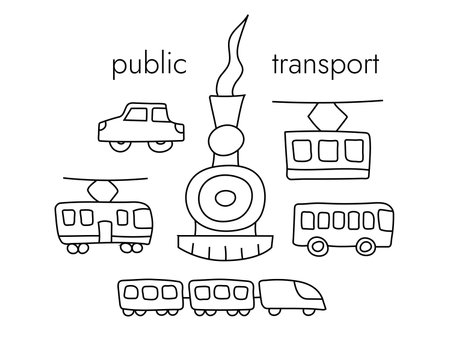 Doodle set of public and private transport. Car, bus and tram. Ropeway. Train, locomotive and wagons. Street transport. Moving around the city. Outline image. Vector illustration.のイラスト素材