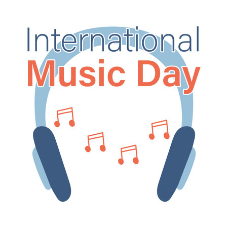 Congratulations on International Music Day. Notes flying out of the headphones. Listen to the melody. On-ear and Wireless headphones. Holiday text. Blue and orange color. Doodle. Vector illustration.のイラスト素材