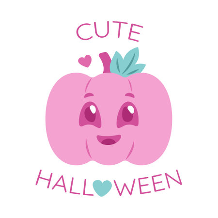 Pink pumpkin with a face. Cute Halloween. Smiling character for Halloween in style with a heart. Trick and treat. Bright pink vegetable. Holiday card with text. Vector illustration.のイラスト素材